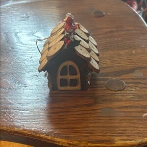 Rustic Log Cabin Ornament with Red Bird Accent